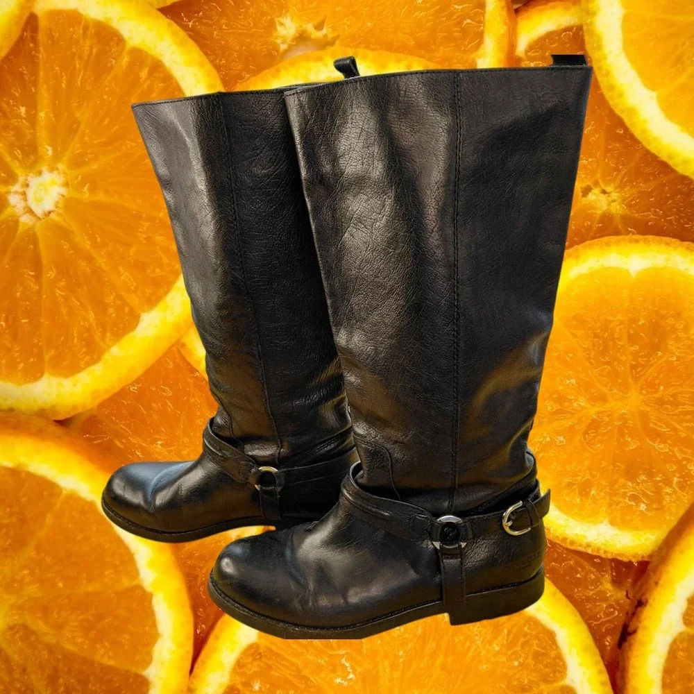 Coach Black Pebbled Leather‎ Tall Riding Harness Boots Silver Buckle Women Mens